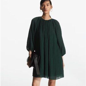 COS Puff-sleeve Seersucker Dress In Green size 10